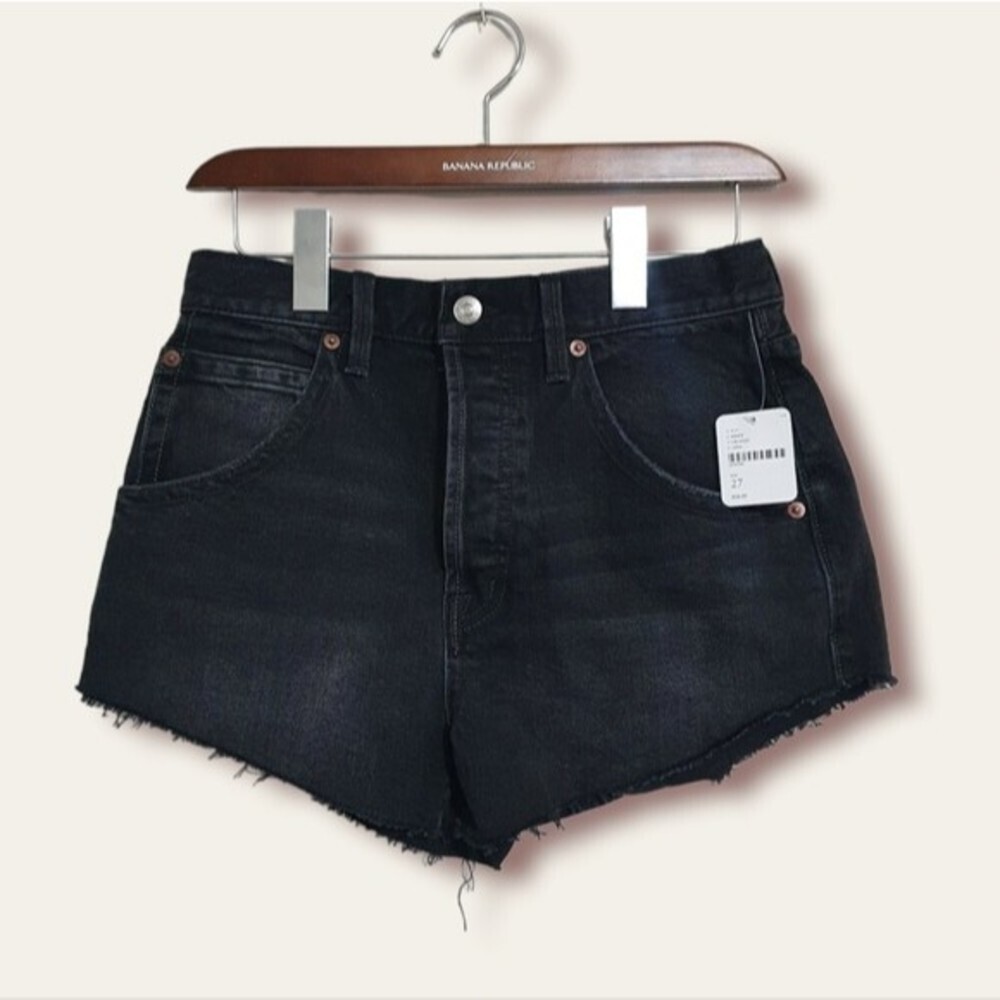 Free people Black Wash Distressed Frayed Button Placket Denim Jean Short…